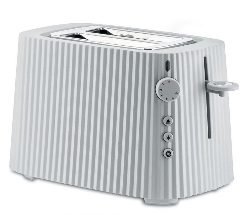 Weißer Alessi Plissé Toaster MDL08 W mit Rillenstruktur für zwei Toastscheiben, Detailaufnahme.